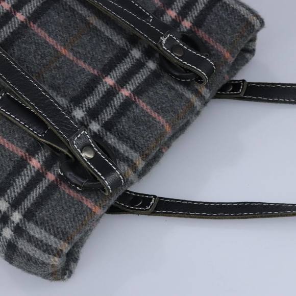BURBERRY Nova Check Scarf Style Blue Label Hand Bag Wool Gray Silver Auth 96942 - Picture 6 of 16